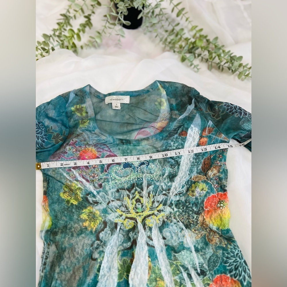 Dressbarn Y2K Lace Tunic Top Small Green Floral Sheer Sleeves Fairy Grunge - Picture 10 of 11